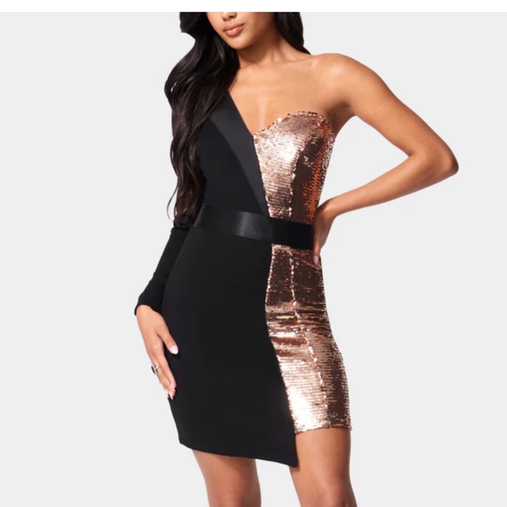 Bebe One Shoulder Sequin Blazer Dress - Medium